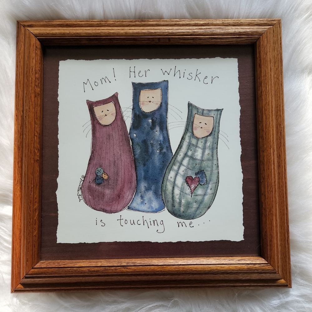 Annette Fish wooden framed print 3 cats "Mom! her whisker is touching me"